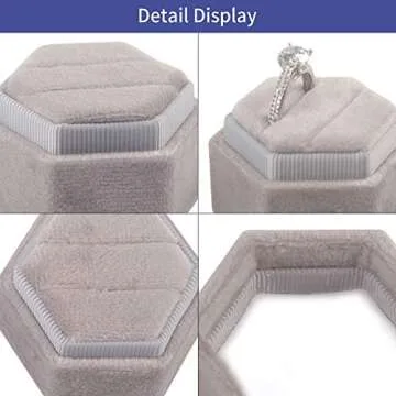 DesignSter Velvet Ring Box Hexagon - Premium Gorgeous Vintage Double Ring Display Holder with Detachable Lid for Proposal, Engagement, Wedding, Ceremony (Gray)