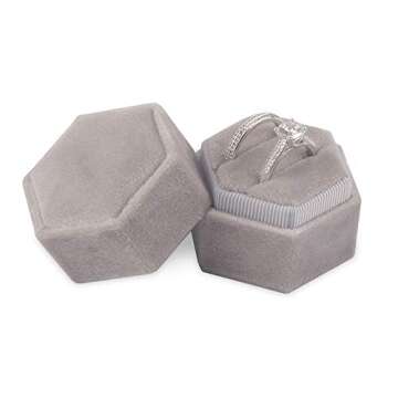 DesignSter Velvet Ring Box Hexagon - Premium Gorgeous Vintage Double Ring Display Holder with Detachable Lid for Proposal, Engagement, Wedding, Ceremony (Gray)