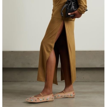 Dsevht Mesh Ballet Flats for Women Slip On Ballerina Embroidered Flower Mary Jane Flats Round Toe Comfortable Dress Flats Shoes