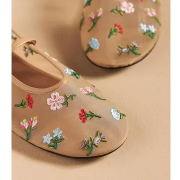 Dsevht Mesh Ballet Flats for Women Slip On Ballerina Embroidered Flower Mary Jane Flats Round Toe Comfortable Dress Flats Shoes
