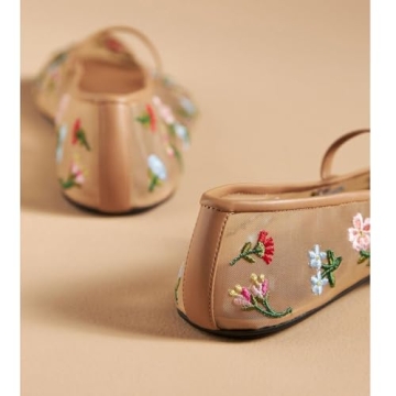 Dsevht Mesh Ballet Flats for Women Slip On Ballerina Embroidered Flower Mary Jane Flats Round Toe Comfortable Dress Flats Shoes