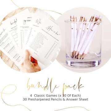 Bridal Shower Games Bundle - 5 Bridal Shower Games for 30 Guests, 30 Bridal Shower Pencils - Double-...