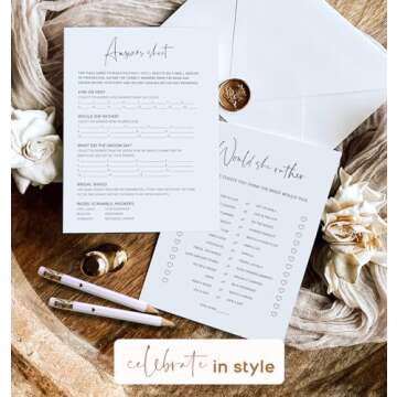 Bridal Shower Games Bundle - 5 Bridal Shower Games for 30 Guests, 30 Bridal Shower Pencils - Double-Sided Cards - Bridal Shower Decorations, Wedding Shower Games - Minimalist