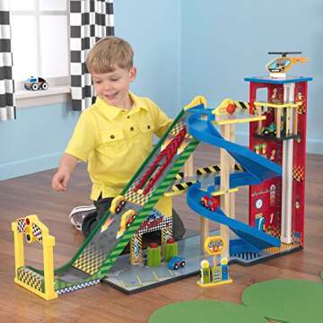 KidKraft Mega Ramp Racing Set with 5 Vehicles and Moving Elevator, Gift for Ages 3+