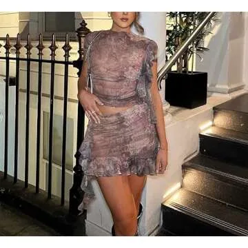 Thopavenoir Women Y2k Ruffle 2 Piece Skirt Sets 3D Floral Sheer Mesh Crop Top Bodycon Mini Skirt Fringed Tassels Summer Set (Print Brown-G, S)