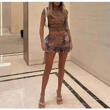 Thopavenoir Women Y2k Ruffle 2 Piece Skirt Sets 3D Floral Sheer Mesh Crop Top Bodycon Mini Skirt Fringed Tassels Summer Set (Print Brown-G, S)