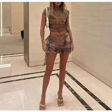 Thopavenoir Women Y2k Ruffle 2 Piece Skirt Sets 3D Floral Sheer Mesh Crop Top Bodycon Mini Skirt Fringed Tassels Summer Set (Print Brown-G, S)