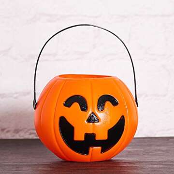 Wiwaplex Pumpkin Candy Bucket, 12 Pack Plastic Pumpkin Candy Holder, Halloween Mini Pumpkins Trick or Treat Bags Baskets, Plastic Pumpkin Pail, Pumpkin Basket with Handle, Orange Pumpkin Face Decor