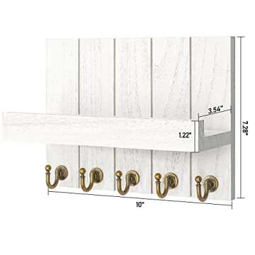 Rebee Vision Key Holder for Wall - Decorative Mail Organizer Wall Mount with 5 Key Hooks for Modern Farmhouse Apartment Essentials - Home Decor for Living Room (Rustic White)