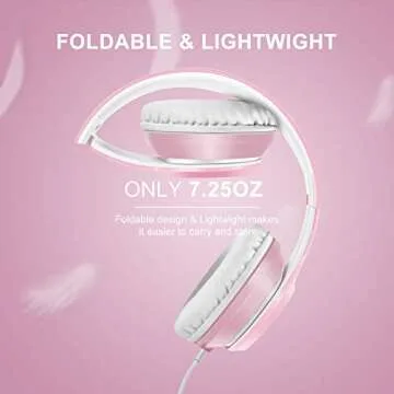 LORELEI X8 Over-Ear Wired Headphones with Microphone with 1.45m-Tangle-Free Nylon Line&3.5mm Plug,Lightweight Foldable & Portable Headphones for Smartphone,Tablet,Computer,Mp3/4（Pearl Pink）