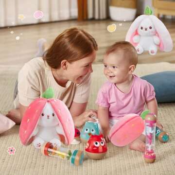 MIAODAM 13.7inch Large Easter Bunny Stuffed Animal, Kawaii Squishy Cute Easter Bunny Plush Turn Into Rabbit Fruit Doll Carrot Strawberry Pillow, Plushies Funny Bunny Toy for Baby Gifts for Girlfriend