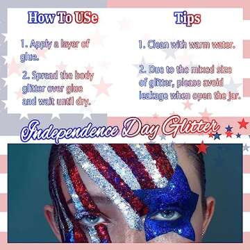 Laza Independence Day Body Glitter, 2 Jars Olympic Red Blue White Chunky Sequins with Glue Women Eyeshadow 4th of July Face Paint Festival Rave Outfit Hair Accessories Party Costumes – Circus Carnival