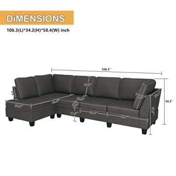 HONBAY Convertible Sectional Sofa, L Shape Sectional Couch with Reversible Chaise, 4 Seat Sectional Sofa for Living Room, Dark Grey