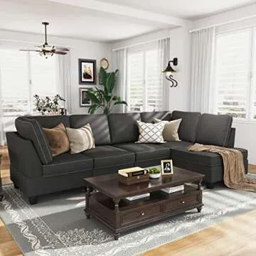 HONBAY Convertible Sectional Sofa, L Shape Sectional Couch with Reversible Chaise, 4 Seat Sectional Sofa for Living Room, Dark Grey