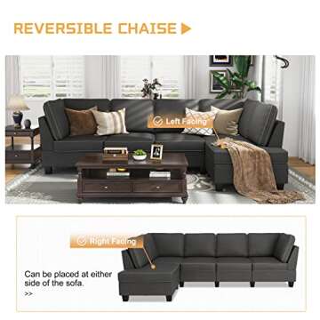 HONBAY Convertible Sectional Sofa, L Shape Sectional Couch with Reversible Chaise, 4 Seat Sectional Sofa for Living Room, Dark Grey
