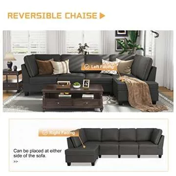 HONBAY Convertible Sectional Sofa, L Shape Sectional Couch with Reversible Chaise, 4 Seat Sectional Sofa for Living Room, Dark Grey