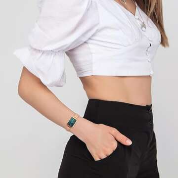 Dainty Women's Wrist Watch: Green Malachite Dial,Beautiful Bracelet, Wrapped by Stylish Gift Box, El...