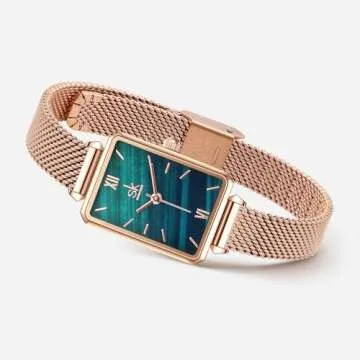 Dainty Women's Wrist Watch with Green Malachite Dial