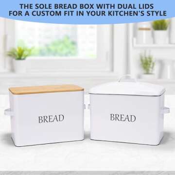 Meraki Home Bread Box with Two Lids | Metal Lid and Bamboo Cutting Board Lid | Cotton Bread Bag | Fa...