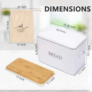 Meraki Home Bread Box with Two Lids | Metal Lid and Bamboo Cutting Board Lid | Cotton Bread Bag | Farmhouse Bread Storage for Kitchen Countertop | Perfect for Homemade Bread