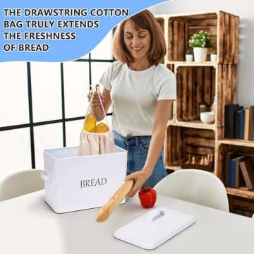 Meraki Home Bread Box with Two Lids | Metal Lid and Bamboo Cutting Board Lid | Cotton Bread Bag | Farmhouse Bread Storage for Kitchen Countertop | Perfect for Homemade Bread