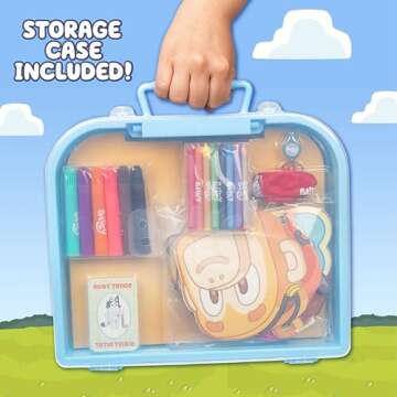 Bluey Imagination Case, 15 Games & Activities, Travel-Friendly Bluey Playset With Markers, Crayons, Balloons, Puppets & Games for 3 Year Olds, Fun Bluey Toys & Toddler Games, Bluey Party Decorations