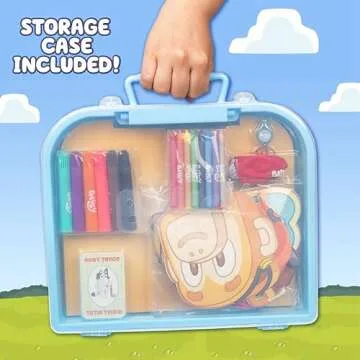 Bluey Imagination Case, 15 Games & Activities, Travel-Friendly Bluey Playset With Markers, Crayons, Balloons, Puppets & Games for 3 Year Olds, Fun Bluey Toys & Toddler Games, Bluey Party Decorations