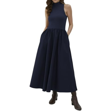 synound Women Turtleneck Maxi Dress Elegant Patchwork Sleeveless Pullover Long Dresses Casual Fashio...