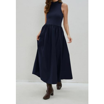 synound Women Turtleneck Maxi Dress Elegant Patchwork Sleeveless Pullover Long Dresses Casual Fashion Flowy with Pockets Navy Blue