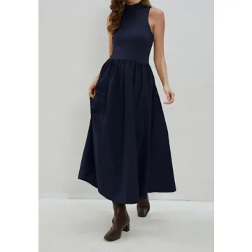 synound Women Turtleneck Maxi Dress Elegant Patchwork Sleeveless Pullover Long Dresses Casual Fashion Flowy with Pockets Navy Blue