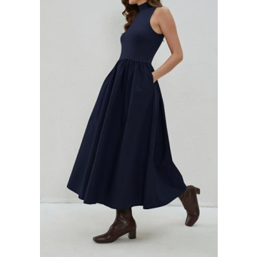 synound Women Turtleneck Maxi Dress Elegant Patchwork Sleeveless Pullover Long Dresses Casual Fashion Flowy with Pockets Navy Blue