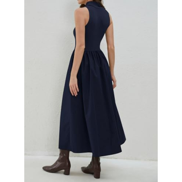 synound Women Turtleneck Maxi Dress Elegant Patchwork Sleeveless Pullover Long Dresses Casual Fashion Flowy with Pockets Navy Blue