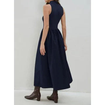 synound Women Turtleneck Maxi Dress Elegant Patchwork Sleeveless Pullover Long Dresses Casual Fashion Flowy with Pockets Navy Blue
