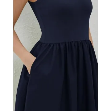 synound Women Turtleneck Maxi Dress Elegant Patchwork Sleeveless Pullover Long Dresses Casual Fashion Flowy with Pockets Navy Blue