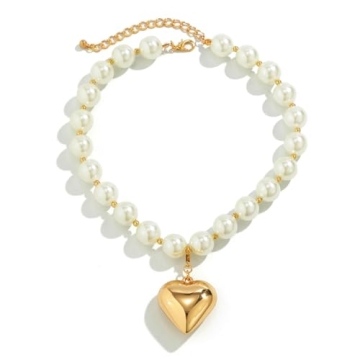 Chunky Heart Necklace Women with Pearl Beads Gold Jewelry