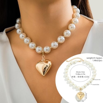 Chunky Heart Necklace Women with Pearl Beads Gold Jewelry