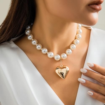 Chunky Heart Necklace Women with Pearl Beads Gold Jewelry