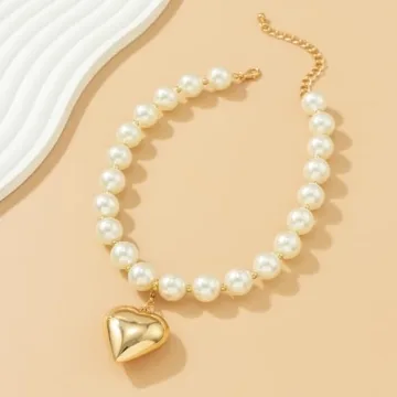 Chunky Heart Necklace Women with Pearl Beads Gold Jewelry