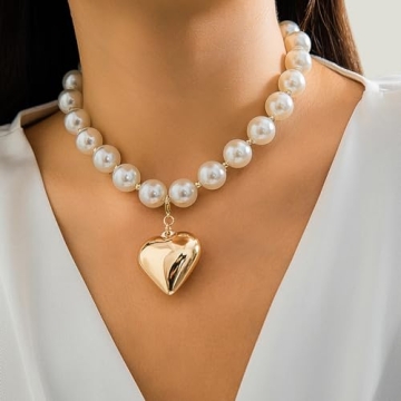 Chunky Heart Necklace Women with Pearl Beads Gold Jewelry