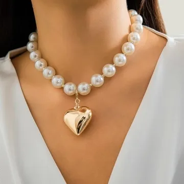 Chunky Heart Necklace Women with Pearl Beads Gold Jewelry