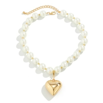 Chunky Heart Necklace Women with Pearl Beads Gold Jewelry