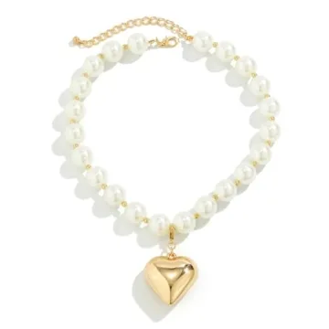 Chunky Heart Necklace Women with Pearl Beads Gold Jewelry