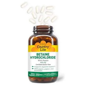 Country Life Betaine Hydrochloride with Pepsin 600mg - 250 Tablets for Optimal Digestion