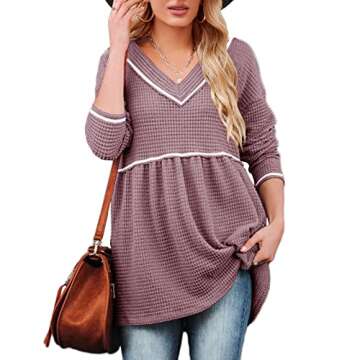 Chang Yun Womens V Neck Waffle Tunic Top Long Sleeve Peplum Pullover Babydoll Casual Flowy Swing Tshirts Pullover Sweaters Purple