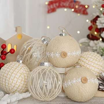 SY Super Bang Rustic Boho Christmas Ball Ornaments Set, 2.76"/70MM Linen Shatterproof Christmas Tree Hanging Decorations, for Home Party Indoor Farmhouse Thanksgiving Xmas Decor - 6PCS.