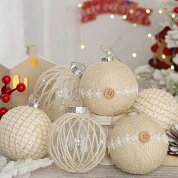 SY Super Bang Rustic Boho Christmas Ball Ornaments Set, 2.76"/70MM Linen Shatterproof Christmas Tree Hanging Decorations, for Home Party Indoor Farmhouse Thanksgiving Xmas Decor - 6PCS.