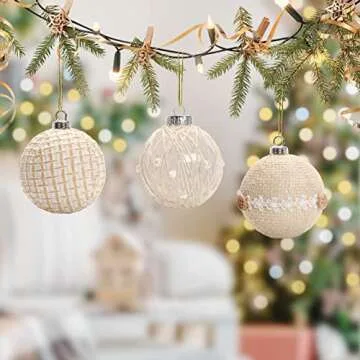 SY Super Bang Rustic Boho Christmas Ball Ornaments Set, 2.76"/70MM Linen Shatterproof Christmas Tree Hanging Decorations, for Home Party Indoor Farmhouse Thanksgiving Xmas Decor - 6PCS.