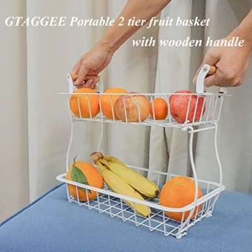 GTAGGEE 2 Tier Fruit Storage Basket for Kitchen Countertop, Bread and Vegetable Stand, Detachable Me...