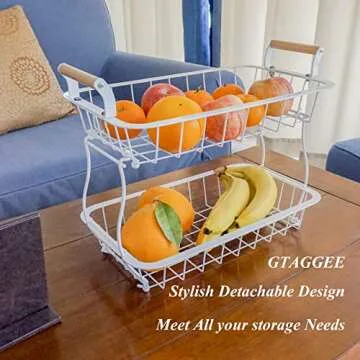GTAGGEE 2 Tier Fruit Storage Basket for Kitchen Countertop, Bread and Vegetable Stand, Detachable Metal Rectangular Wire Basket, White