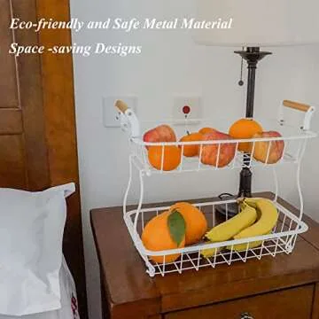GTAGGEE 2 Tier Fruit Storage Basket for Kitchen Countertop, Bread and Vegetable Stand, Detachable Metal Rectangular Wire Basket, White